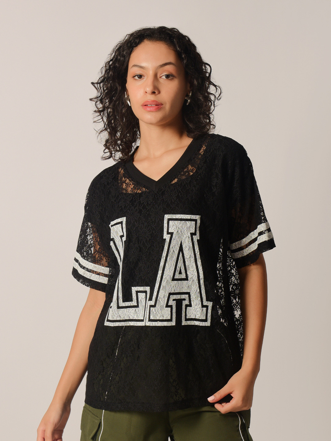 IZF Varsity Printed V Neck Oversized Lace T-shirt