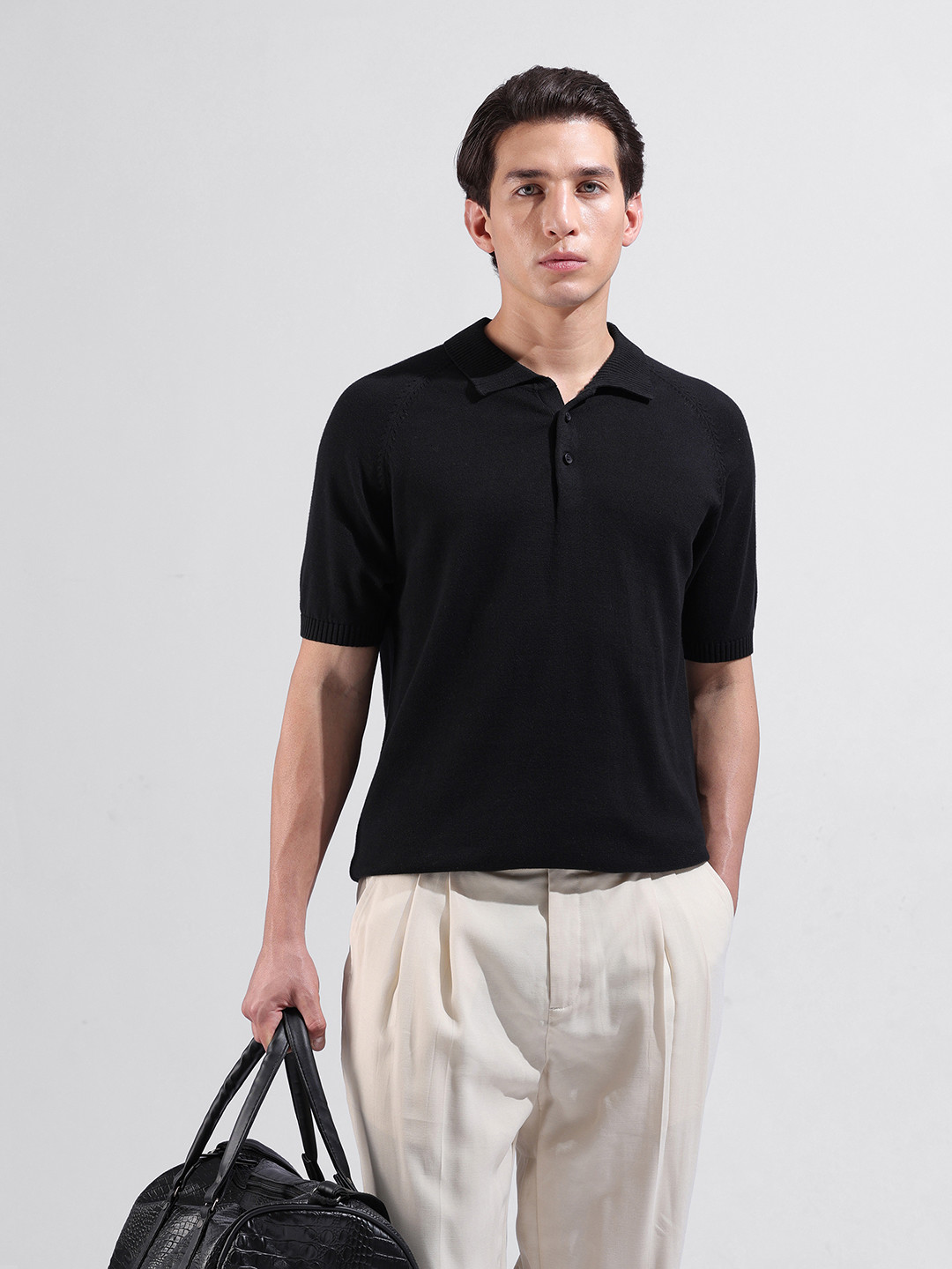 The Indian Garage Co Men Flat Knit Slim Fit Textured Polo T-Shirt