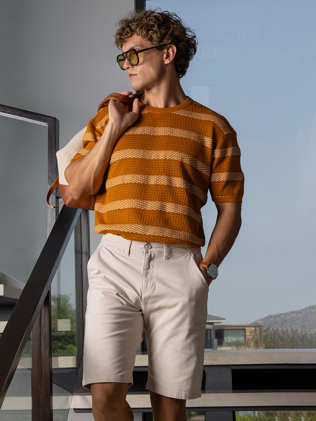 The Indian Garage Co Men Flat Knit Oversized Striped T-Shirt