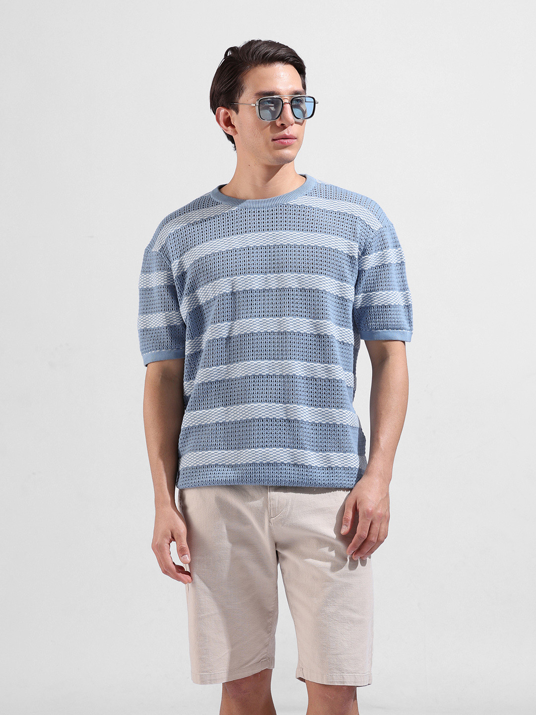 The Indian Garage Co Men Flat Knit Oversized Striped T-Shirt
