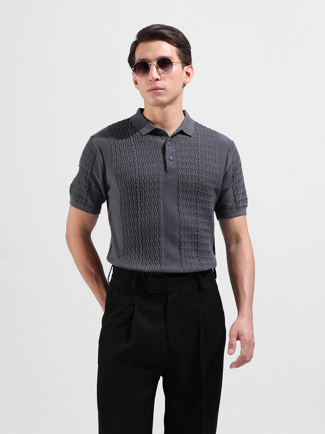 The Indian Garage Co Men Flat Knit Slim Fit Textured Polo T-Shirt