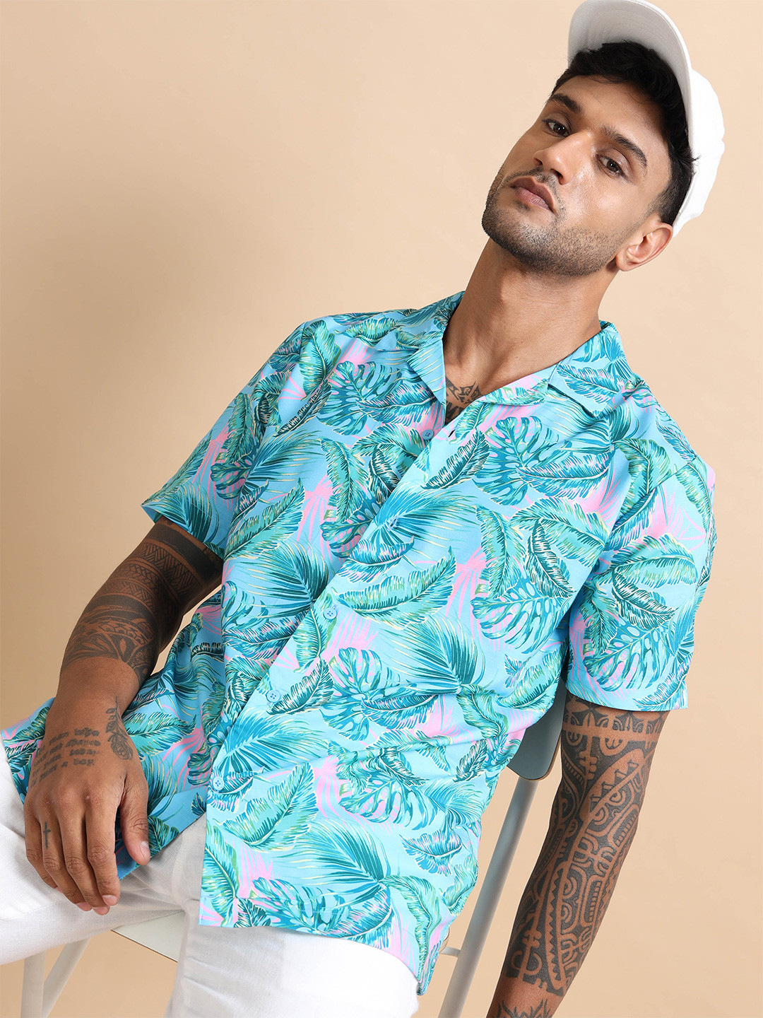 StitchX Men Half Sleeves Tropical Printed Cuban Collar Beach Shirt