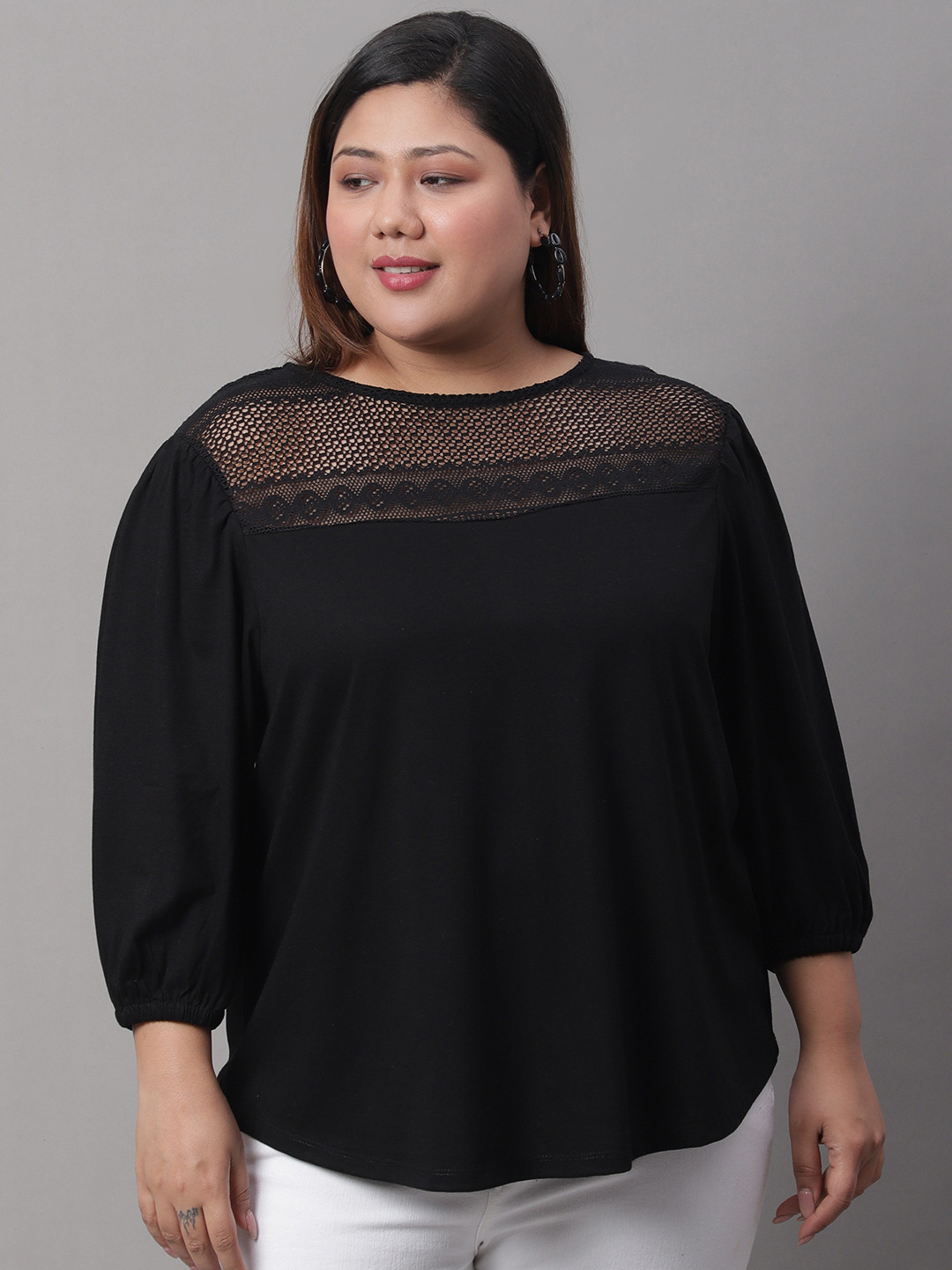 A AND K Plus Size Self Design Puff Sleeves Regular Cotton Top