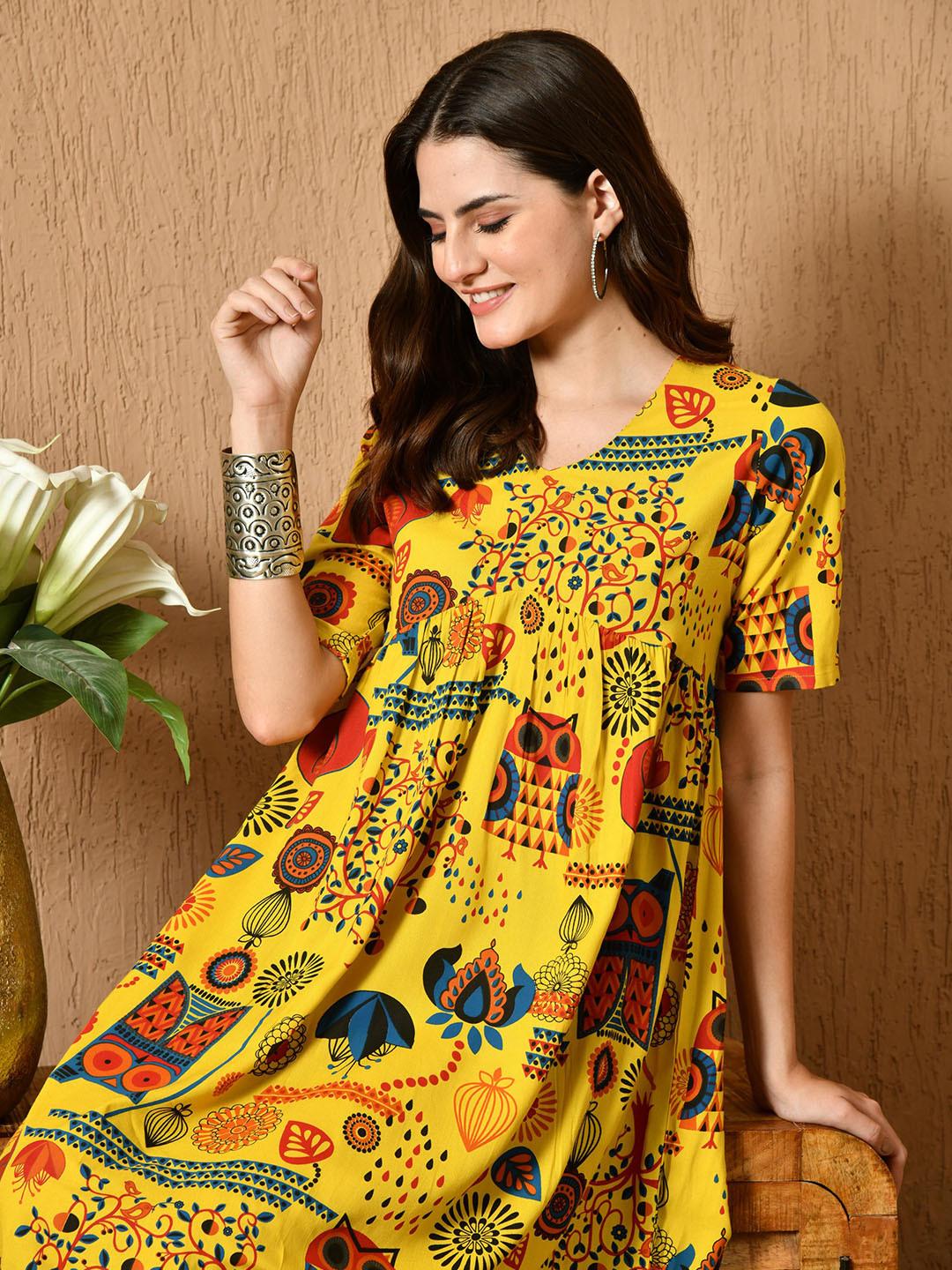 CRENOL THREADS Women Trible Printed Viscose Rayon Empire Midi Dress