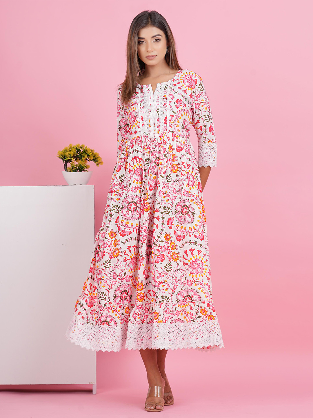 CRENOL THREADS Floral Printed Cotton Fit & Flare Midi Dress