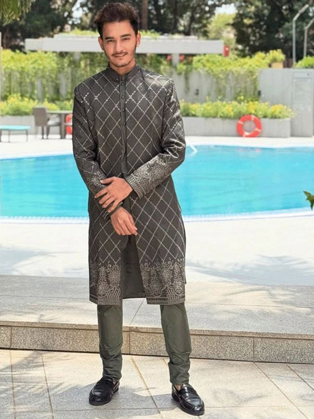 KISAH Men Olive Embellished Kurta Indowestern Sherwani Churidar Set