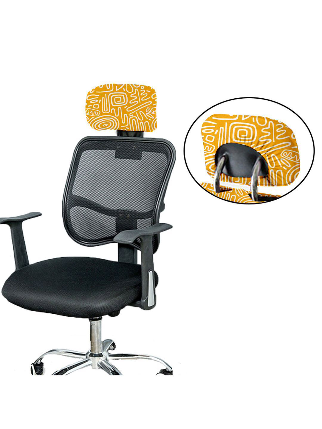 Lazi 200 GSM Yellow & White Printed Chair Headrest Cover