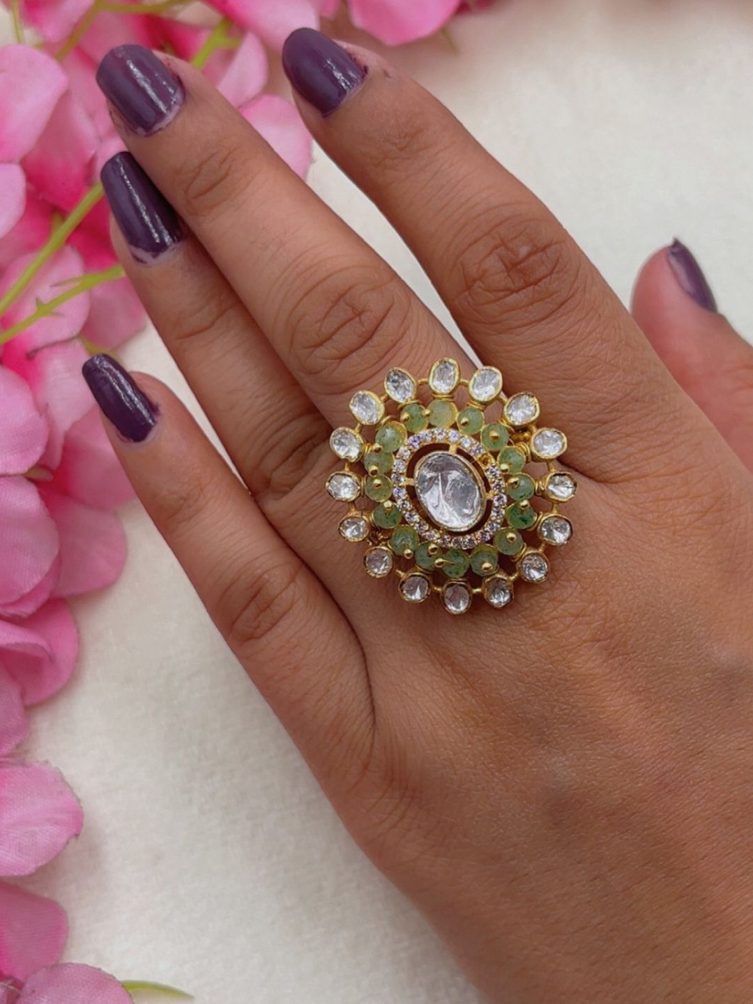 Raj Gems 925 Silver Gold Plated Gemstones Adjustable Finger Ring
