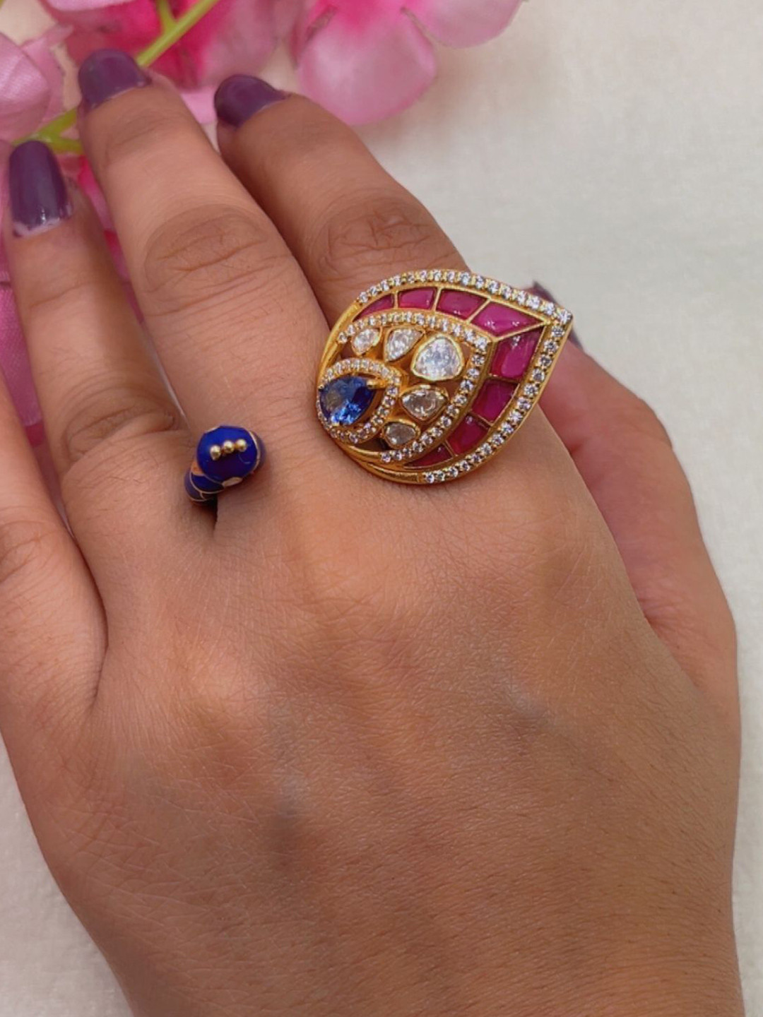 Raj Gems Gold Plated Moissanite Peacock Finger Ring