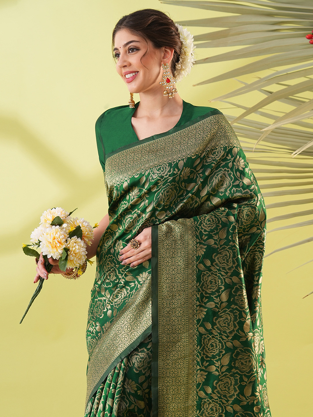 awesome Green Silk Blend Woven Design Sarees