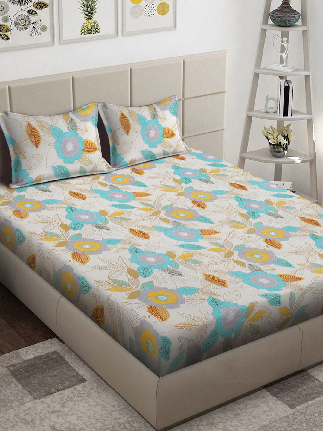 FABINALIV White & Blue Floral Printed 300 TC King Bedsheet Set 2.50 m x 2.25 m