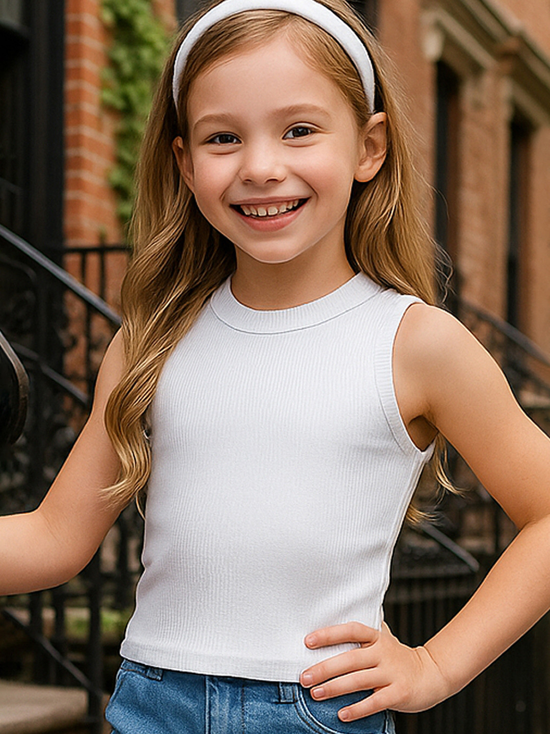 OMPAX Girls Solid Ribbed Crew Neck sleeveless Crop Top