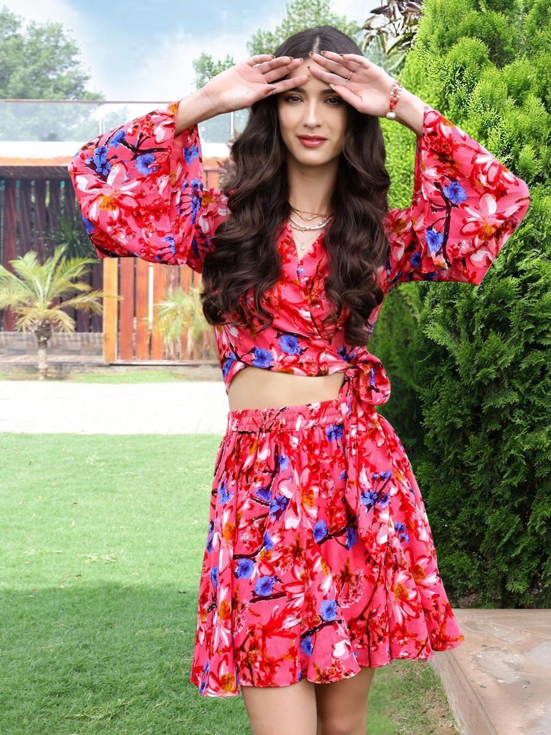 Sera Bold Floral Vibrant Pink Crop Top & Flarred Skirt for Summer Vibes Co-Ord Set