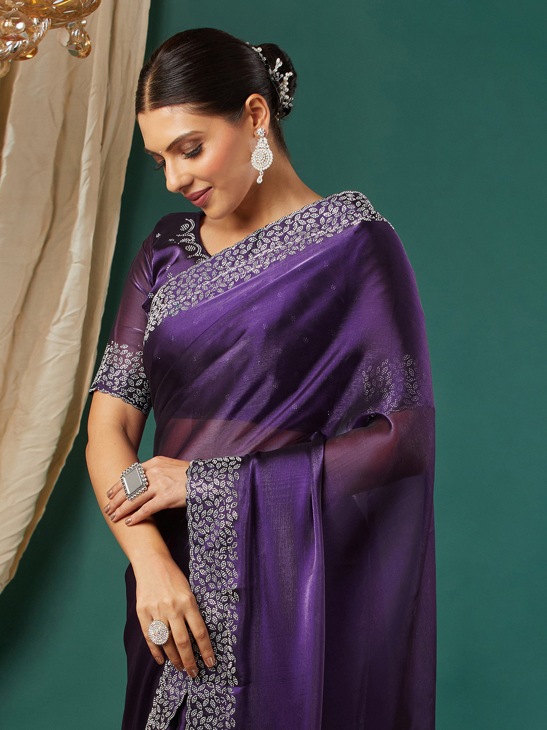 awesome Purple Silk Blend Embellished Sarees