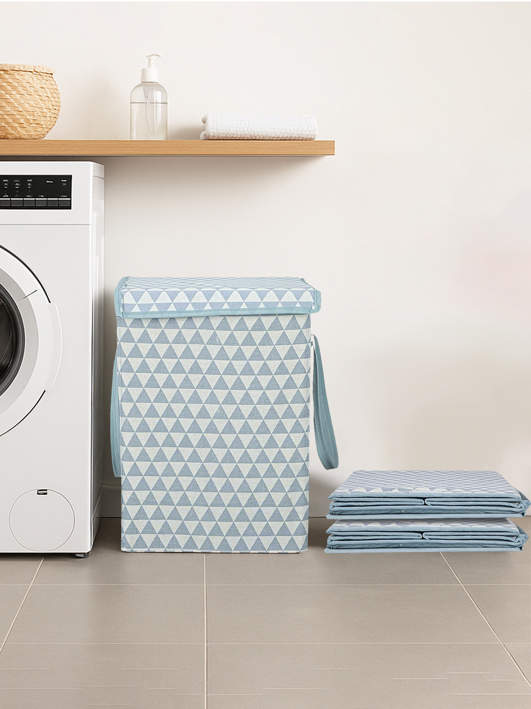 Kuber Industries 3-Pcs Grey & White Striped Foldable Triangular Laundry Bag With Lid