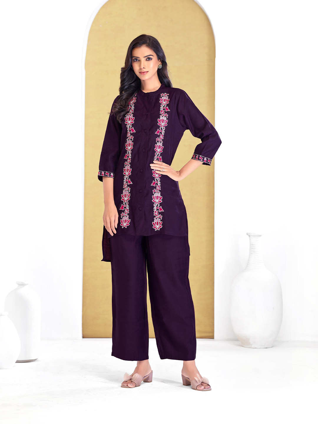 BulBul Embroidered Mandarin Collar Neck Shirt With Palazzos Co-Ords