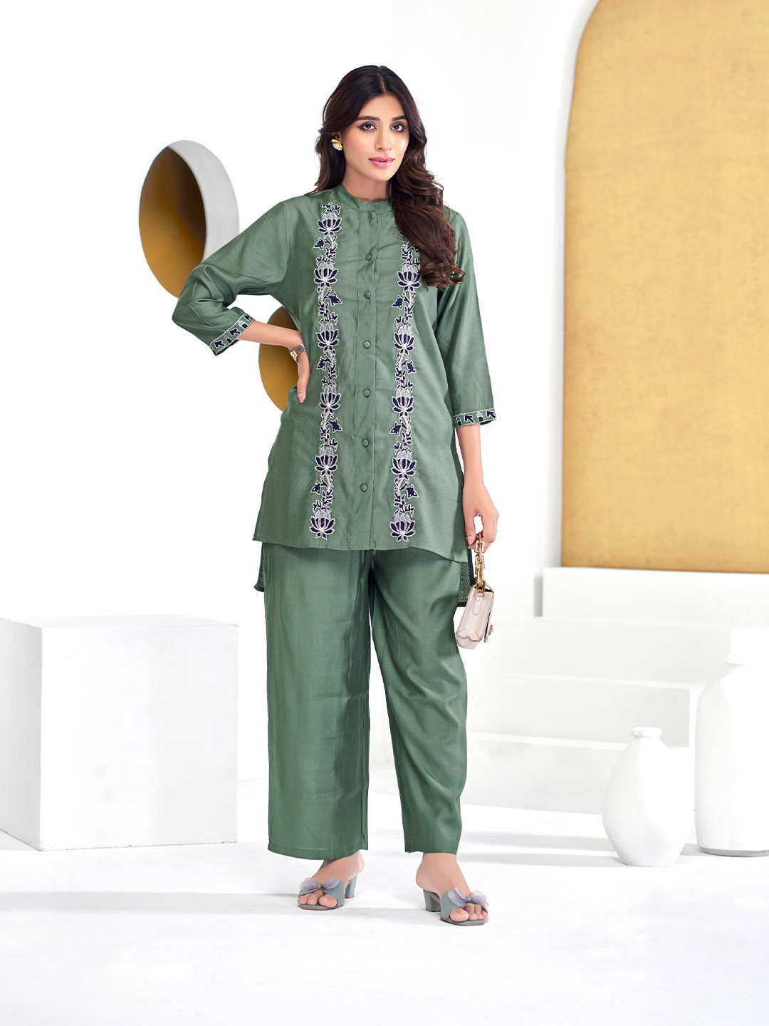 BulBul Embroidered  Mandarin Collar Neck Shirt With Palazzos Co-Ords