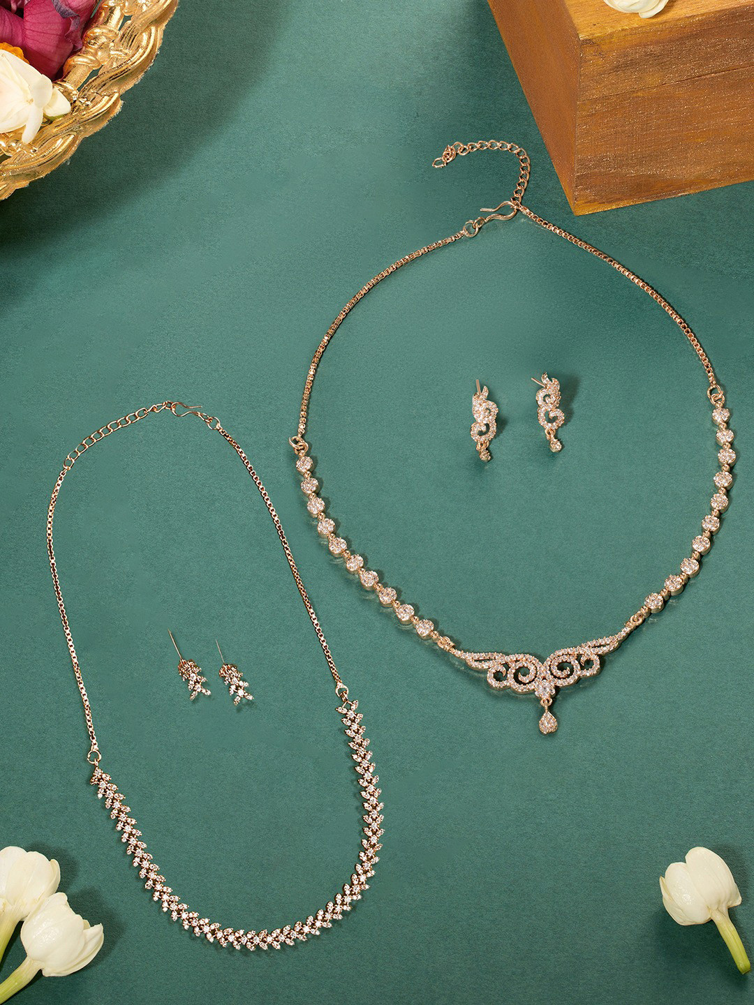 Zaveri Pearls Set Of 2 Rose Gold-Plated Cubic Zirconia Stone Studded Jewellery Sets