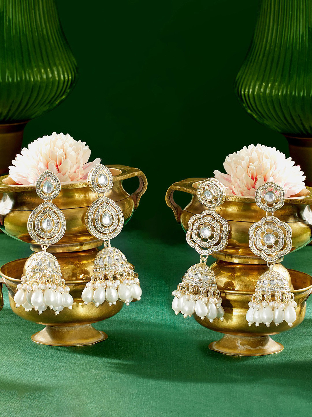 Zaveri Pearls Set Of 2 Gold-Plated Austrian Diamonds & Cluster Beaded Dome Shaped Jhumkas