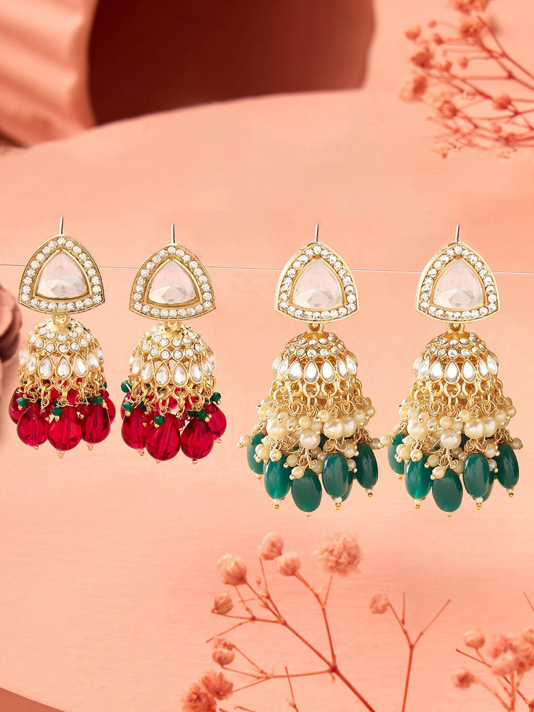 Zaveri Pearls Set Of 2 Gold-Plated Stones & Cluster Beaded Dome Shaped Jhumkas