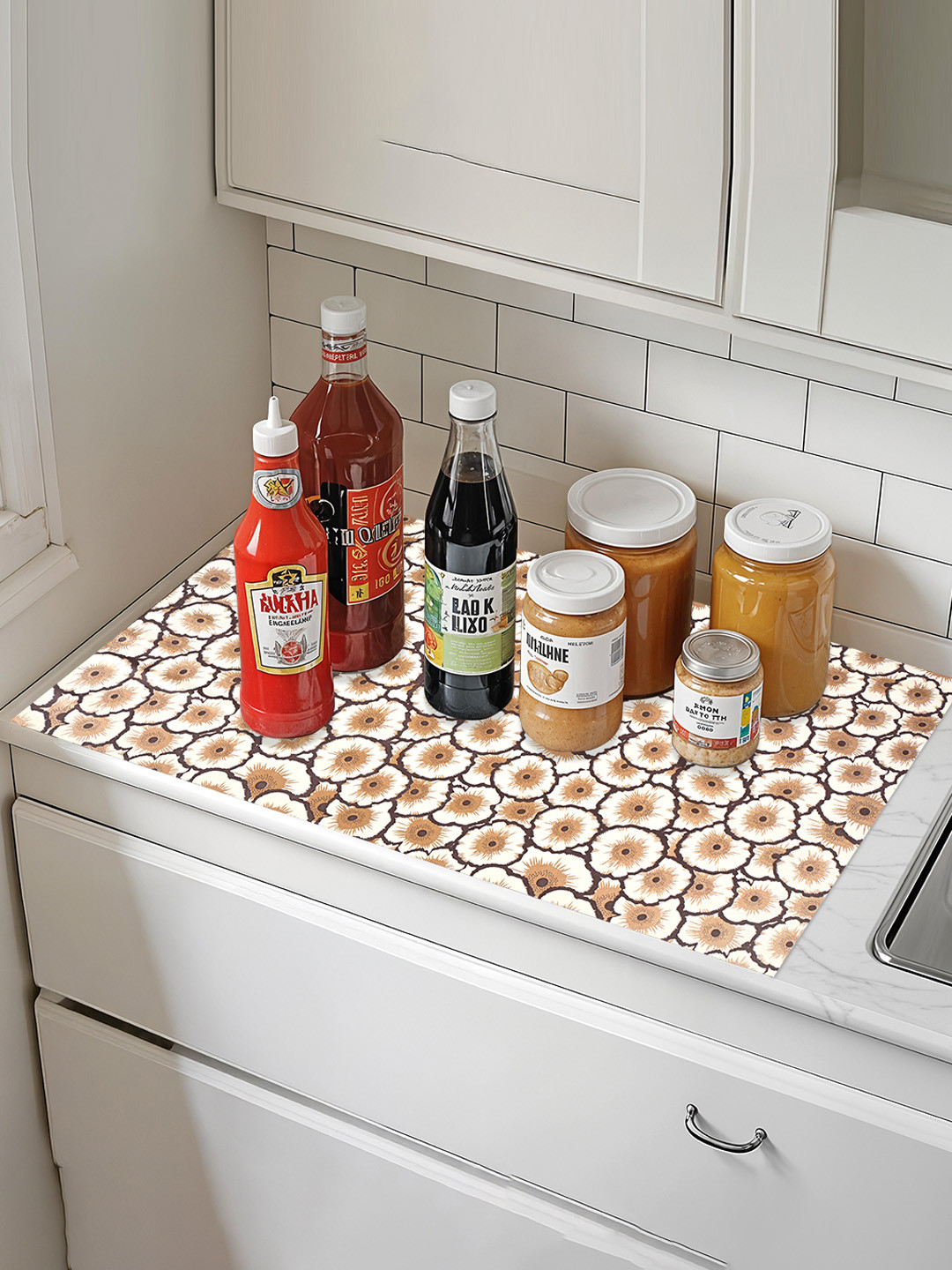 Kuber Industries Cream-Coloured & Brown PVC 5 Meter Printed Shelf Liner Organiser