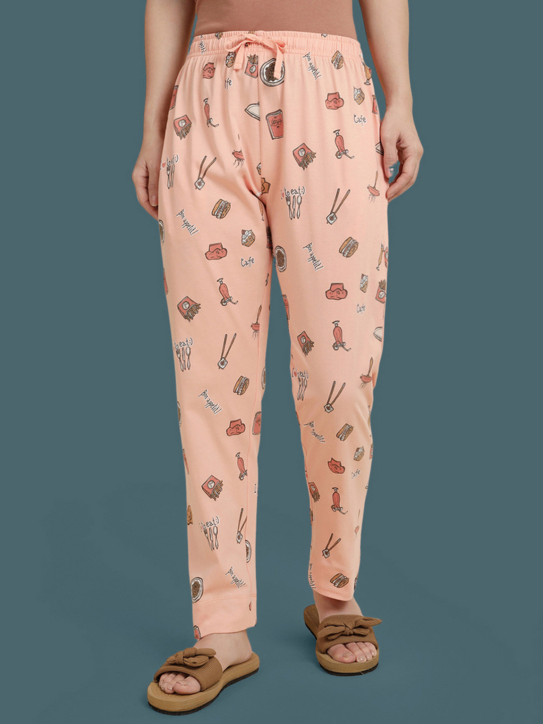 TWIN BIRDS Women Salmon Cotton Printed Night Pant
