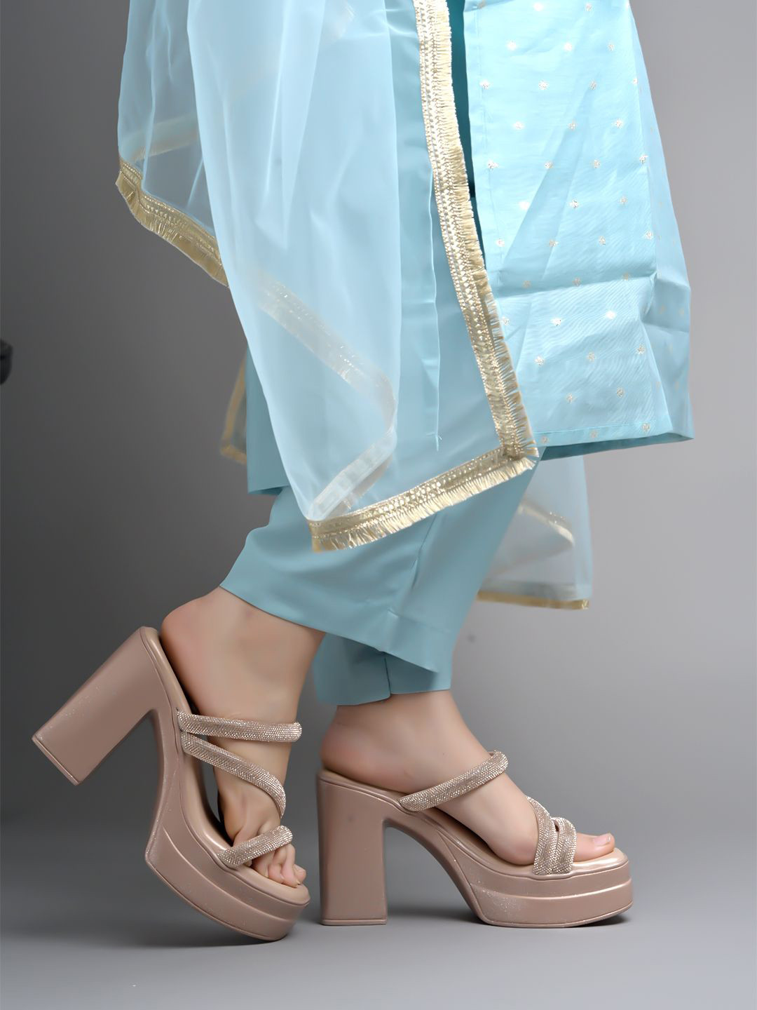 Stylestry Embellished Metallic Block Heel Sandals