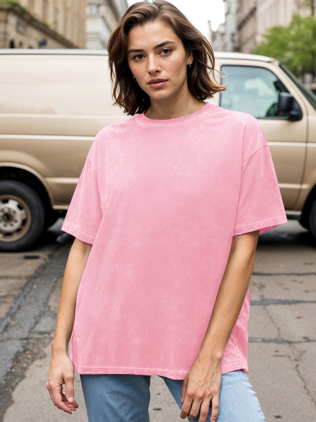 Bewakoof Women Self Design Drop-Shoulder Sleeves Pure Cotton Oversized Acid Wash T-shirt