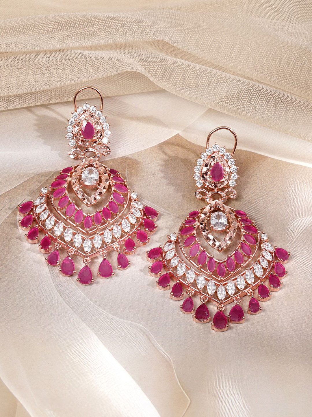 Rubans 18K Rose Gold-Plated Ruby Pink & Cubic Zirconia Stone Multi-Layered Drop Chandelier