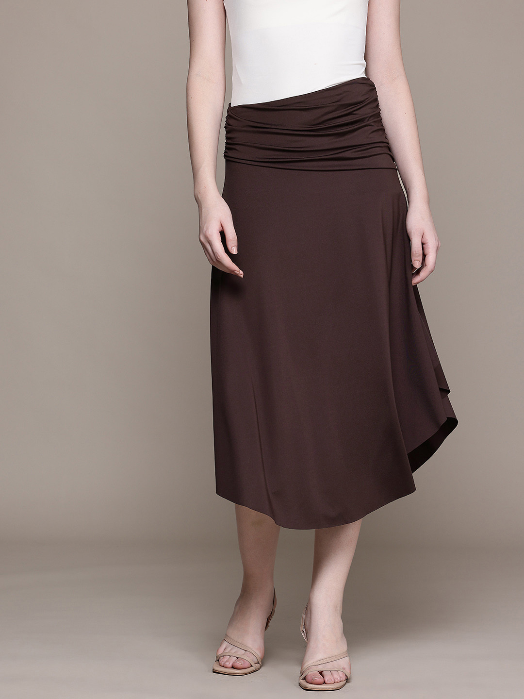 MANGO Women High Waist Ruched Asymmetric Hem Midi Skirt
