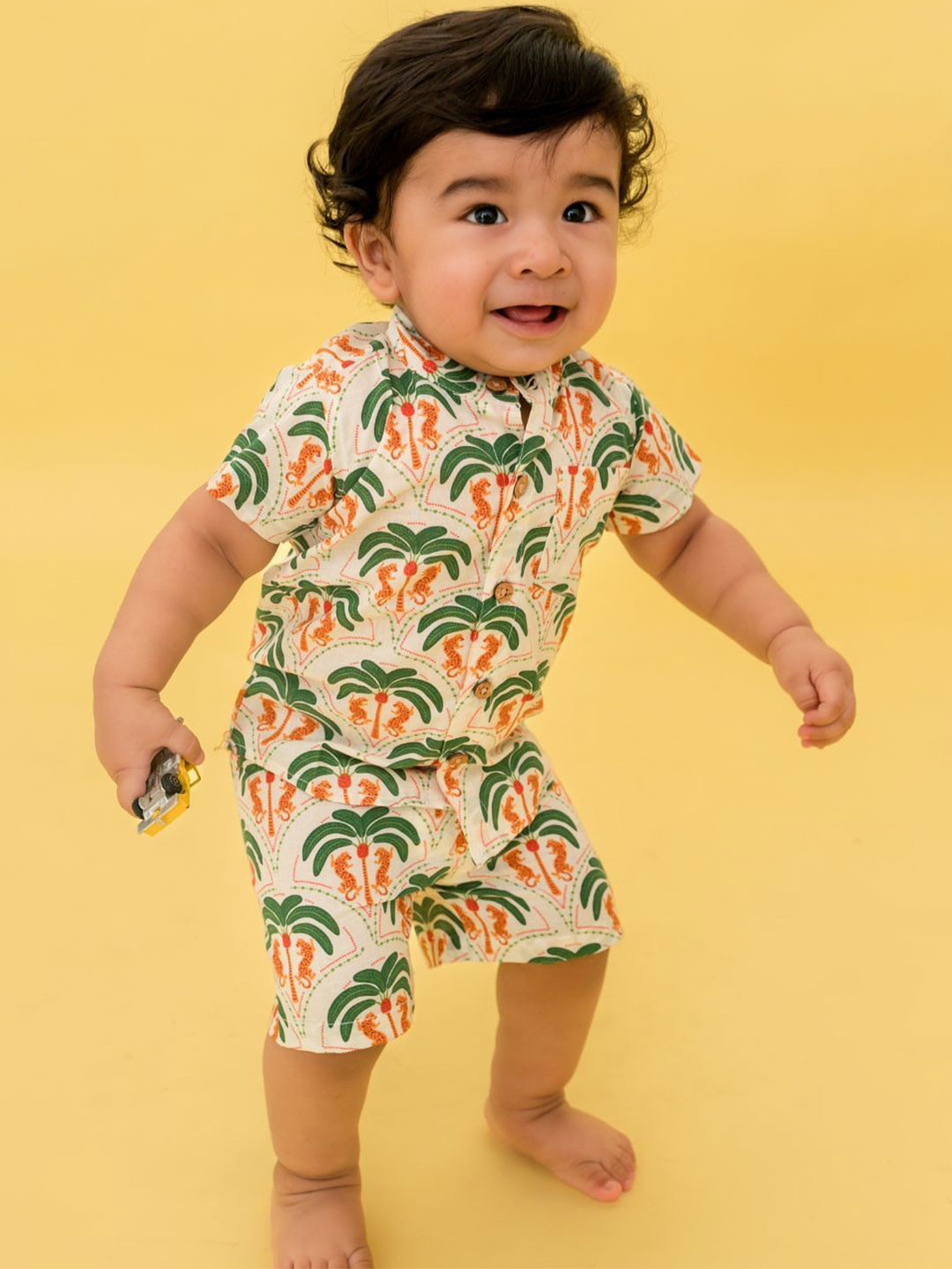 A Toddler Thing Sunsafari Boys Printed Mulmul Cotton Shirt With Shorts