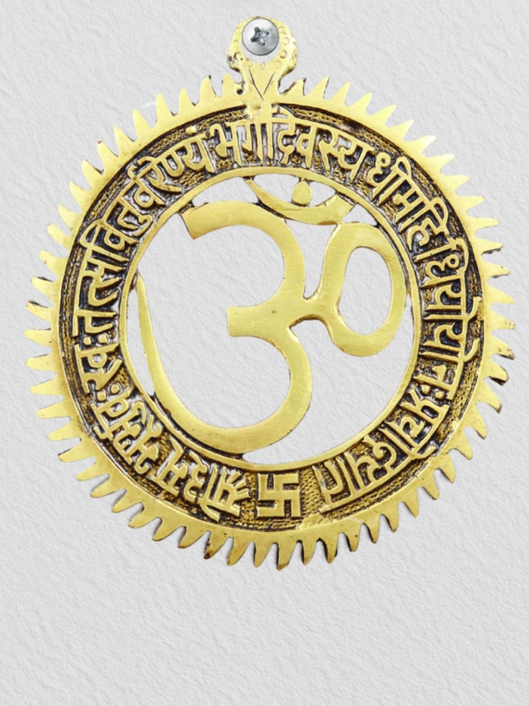 INTERNATIONAL GIFT Om Wall Hanging with Gayatri Mantra Gold Brass Metallic Living Room Medium Showpiece - 6 Inches