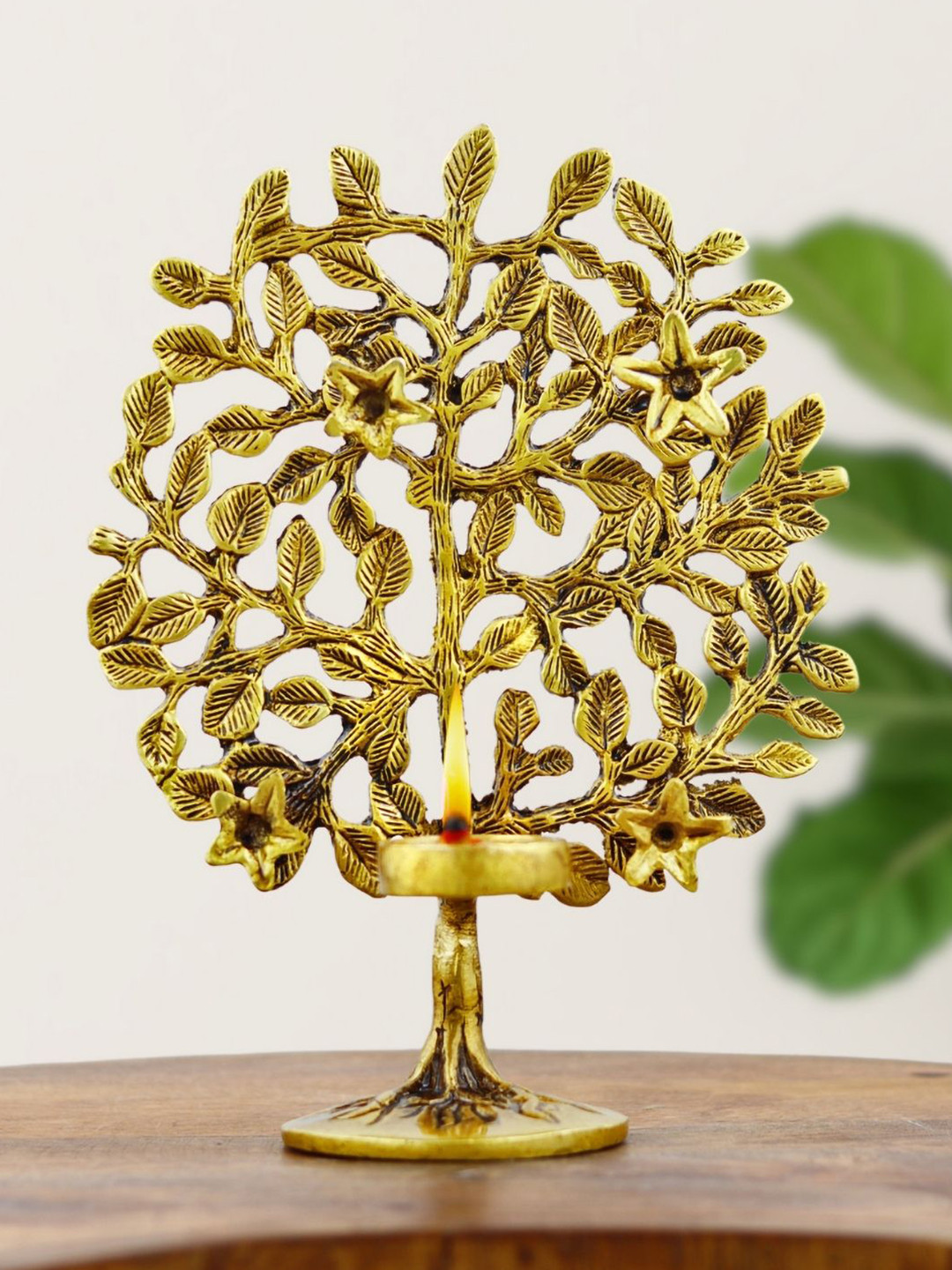 INTERNATIONAL GIFT Tree Diya Stand Gold Brass Metallic Living Room Medium Showpiece - 8 Inches