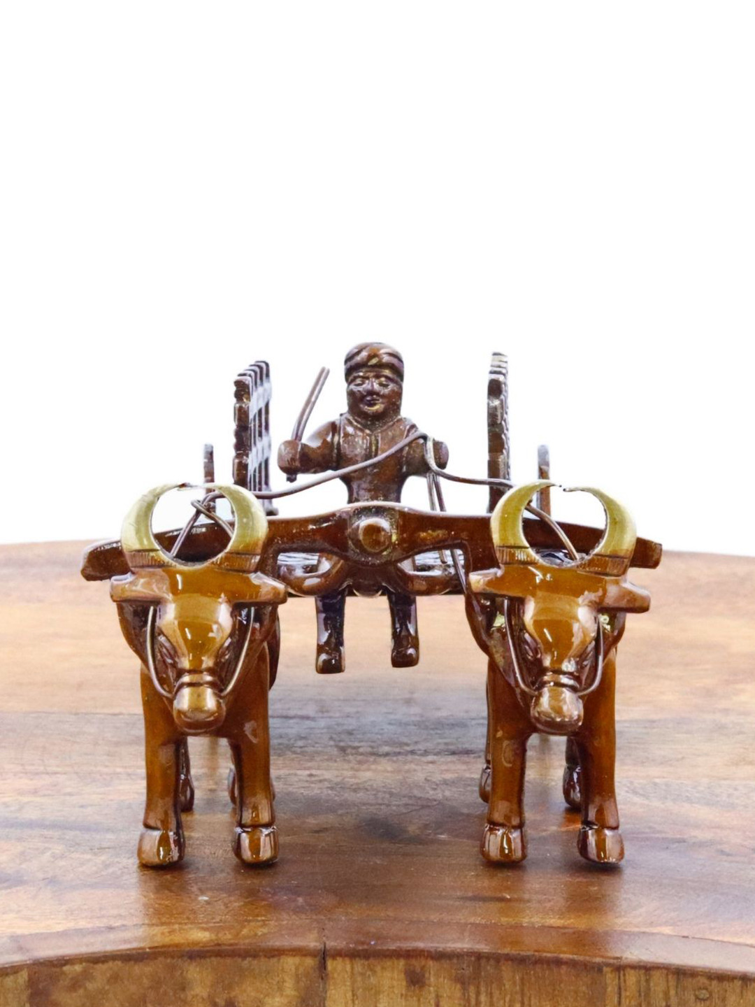INTERNATIONAL GIFT Open Bullock Cart Brown Brass Metallic Living Room Small Showpiece - 2.5 Inches