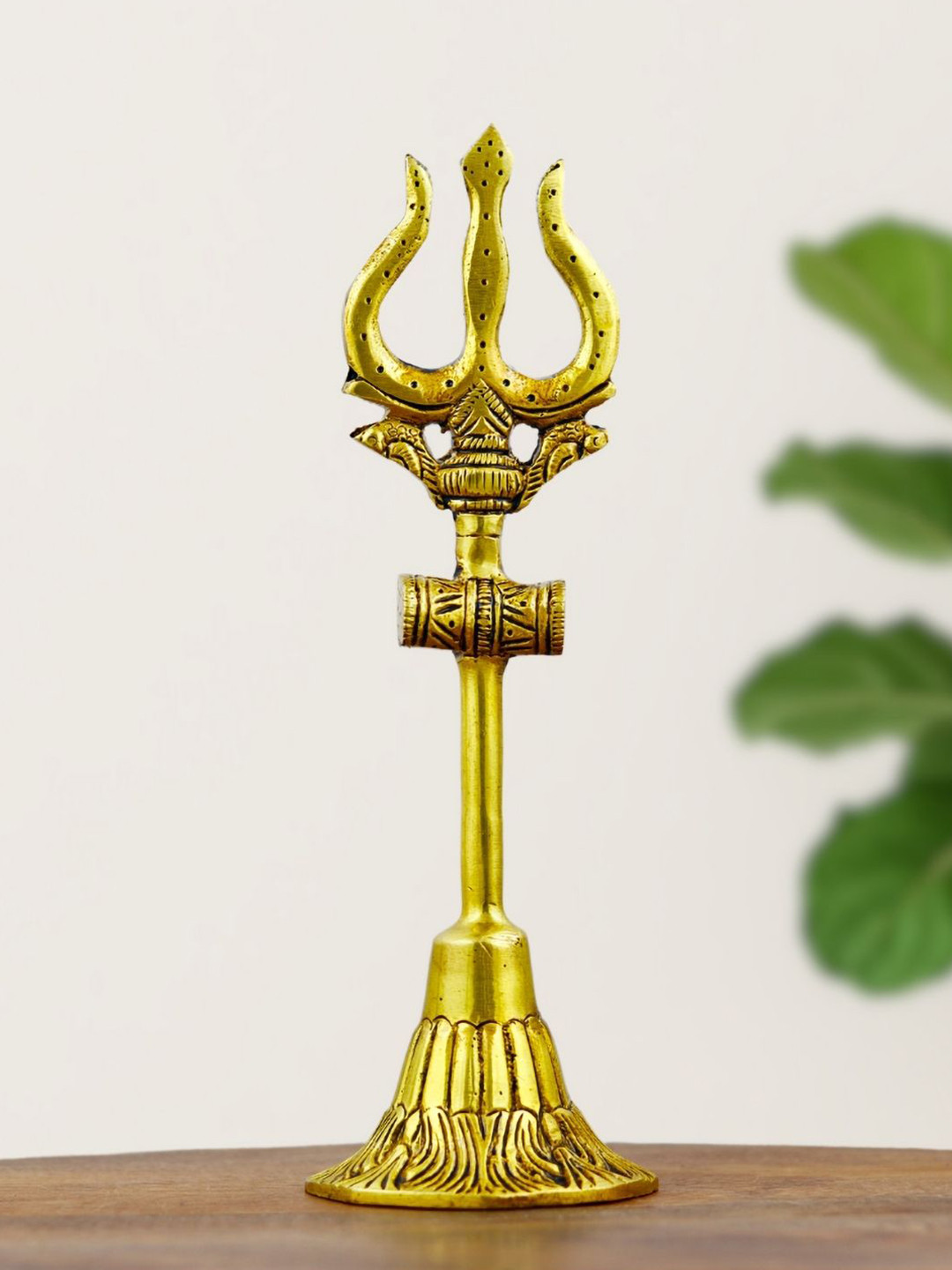 INTERNATIONAL GIFT Trishul with Damru Gold Brass Metallic Home Office Medium Showpiece - 8.5 Inches