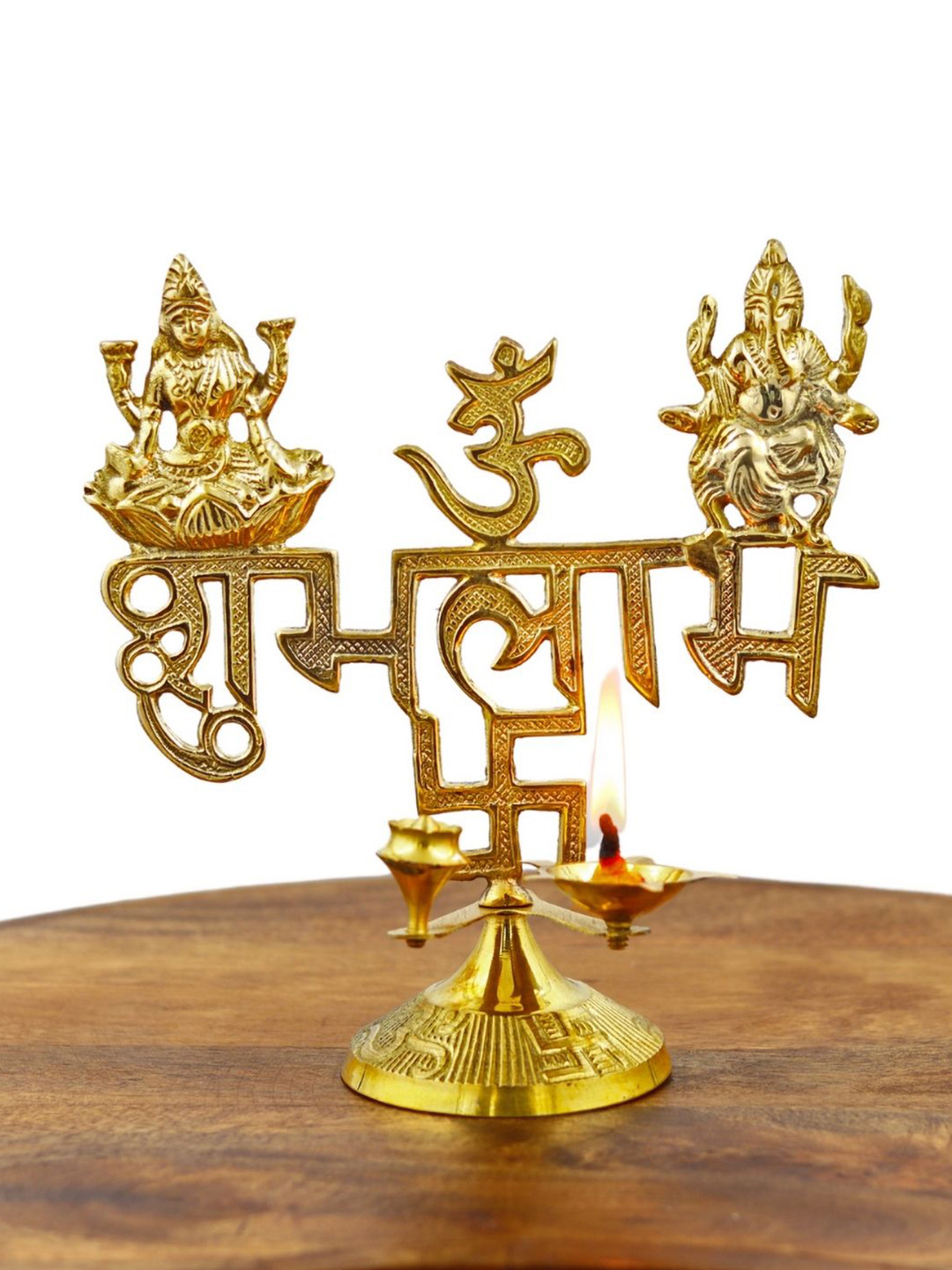 INTERNATIONAL GIFT Shubh Labh Diya with Lakshmi-Ganesha Gold Brass Metallic Living Room Medium Showpiece - 6.5 Inches