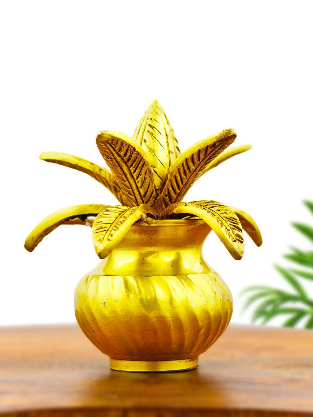 INTERNATIONAL GIFT Kalash with Coconut and Mango Leaves Gold Brass Metallic Prayer Room Medium Showpiece - 5 Inches