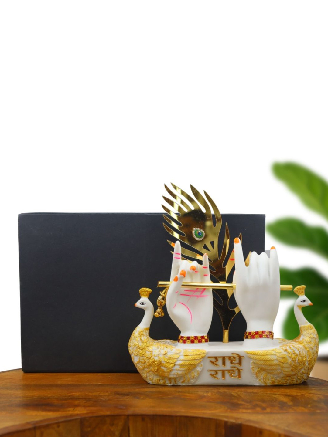 INTERNATIONAL GIFT Radhe Krishna Hand-Flute with Peacock Motif White Resin Glossy Prayer Room Medium Showpiece - 6.5 Inches