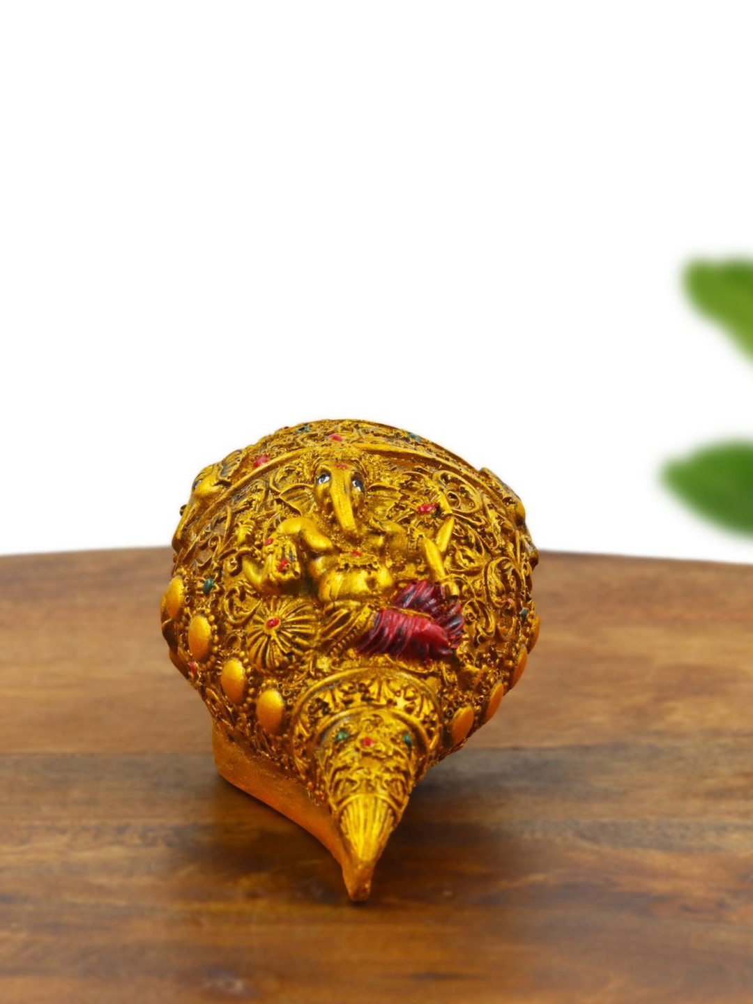 INTERNATIONAL GIFT Ganesh Shankh Ornate Conch Shell with Lord Ganesha Gold Polyresin Glossy Prayer Room Small Showpiece - 2.5 Inches