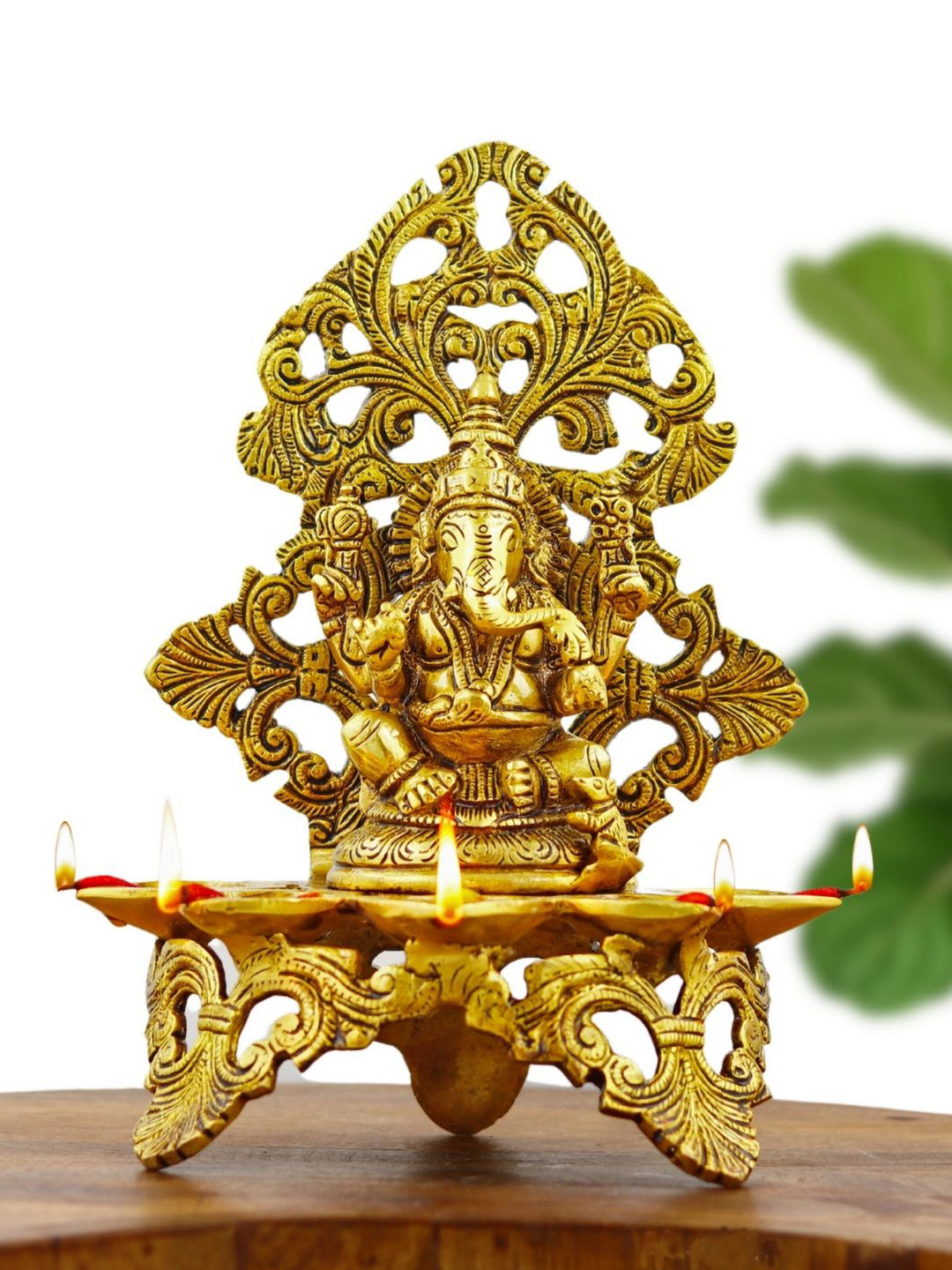 INTERNATIONAL GIFT Ganesha Diya with Decorative Backdrop Gold Brass Metallic Prayer Room Large Showpiece - 9.5 Inches