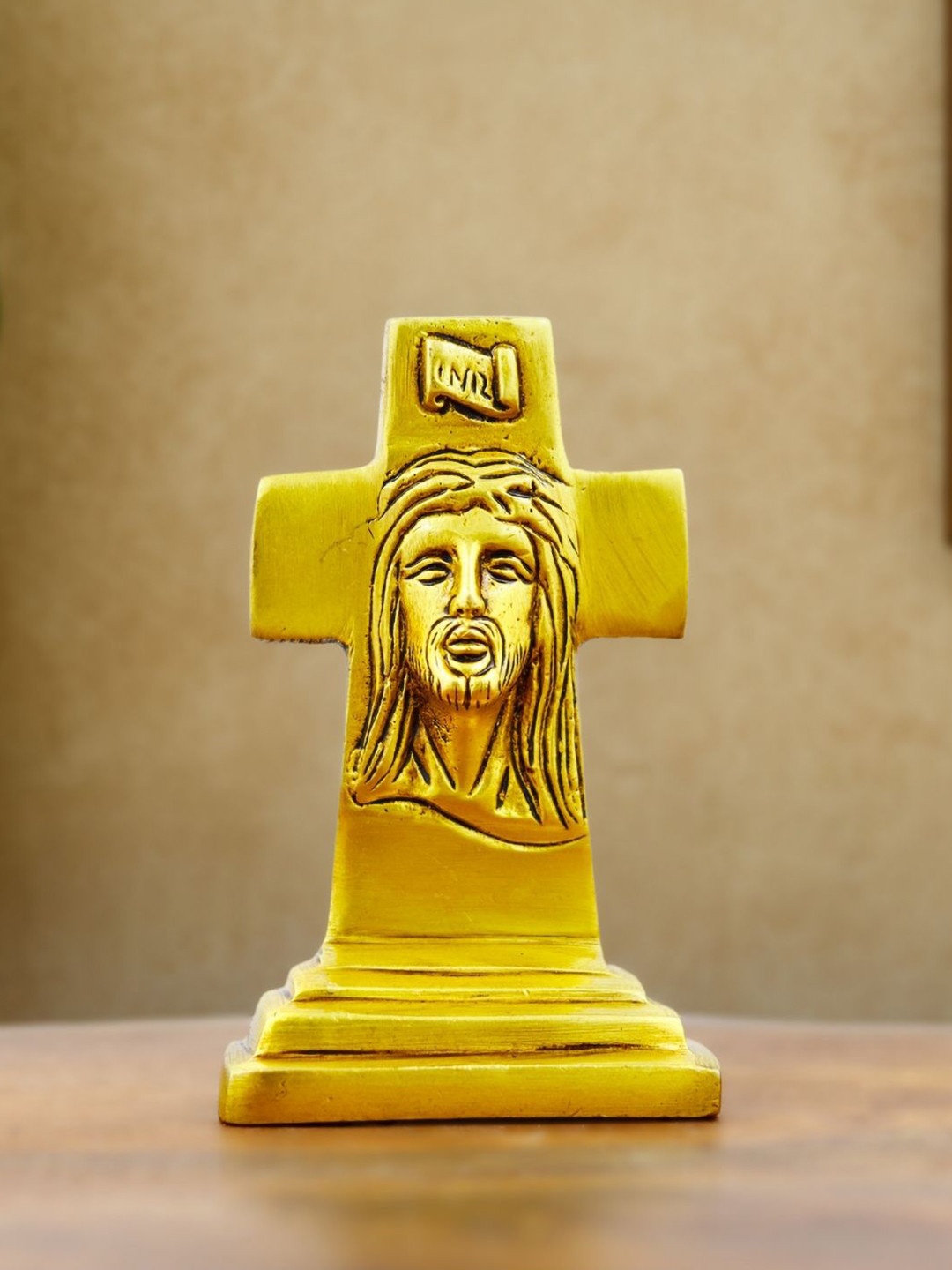 INTERNATIONAL GIFT Jesus Face Cross Gold Brass Metallic Prayer Room Medium Showpiece - 4.5 Inches