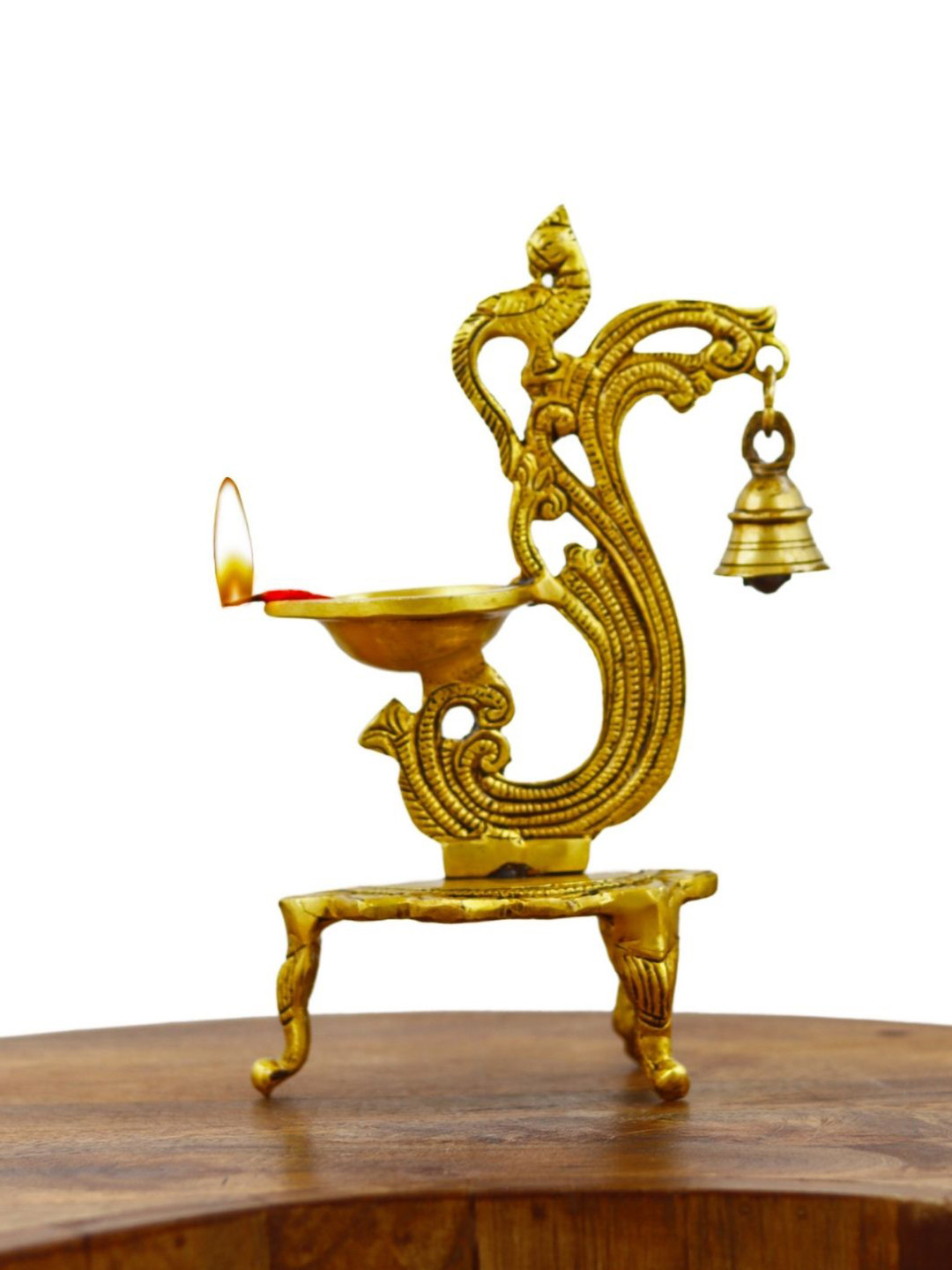 INTERNATIONAL GIFT Pedestal with Bell Standing Oil Lamp Gold Brass Metallic Prayer Room Medium Showpiece - 7.5 Inches