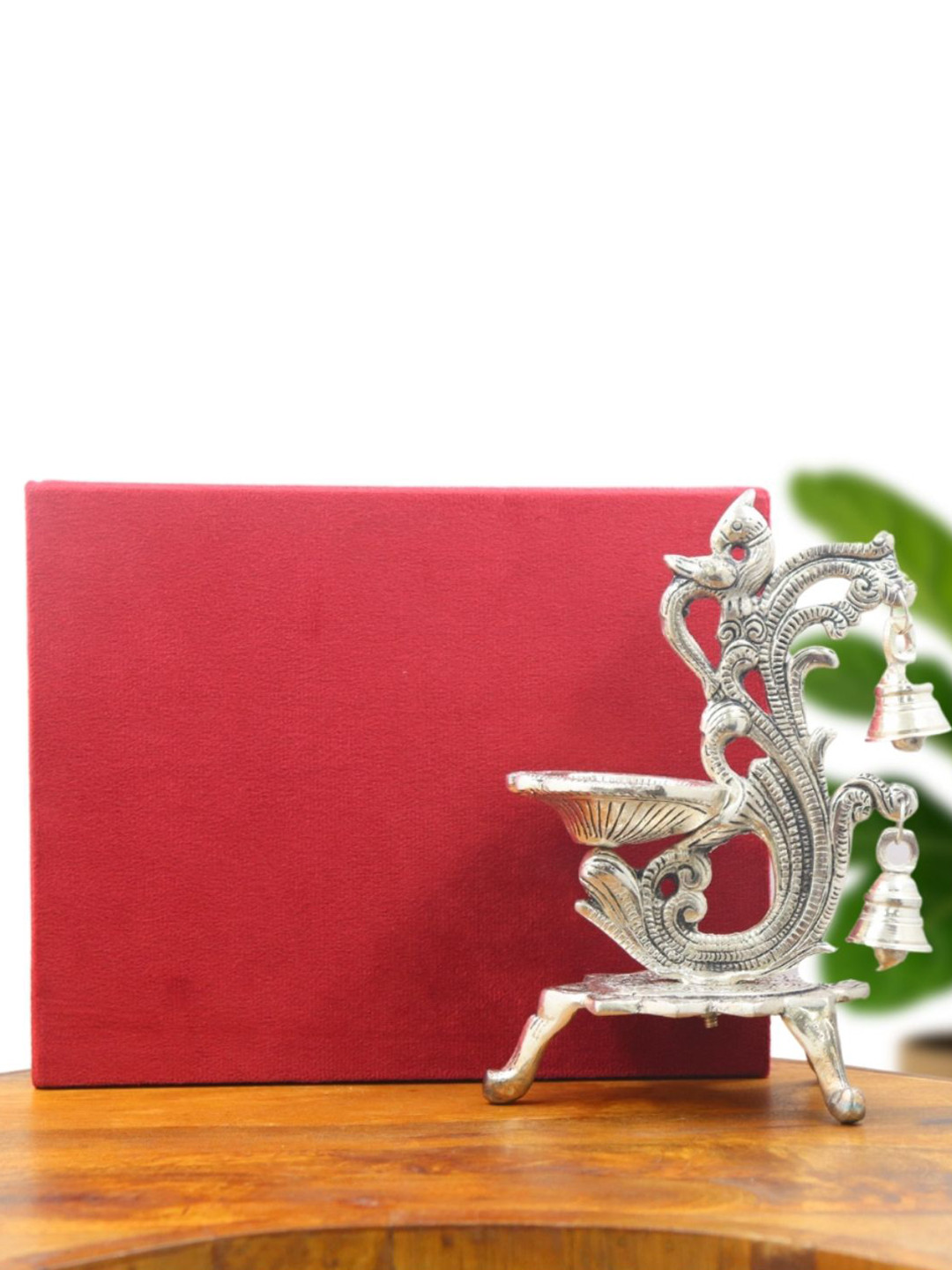 INTERNATIONAL GIFT Diya Stand with Hanging Bells Silver Metal Metallic Living Room Medium Showpiece - 7.5 Inches