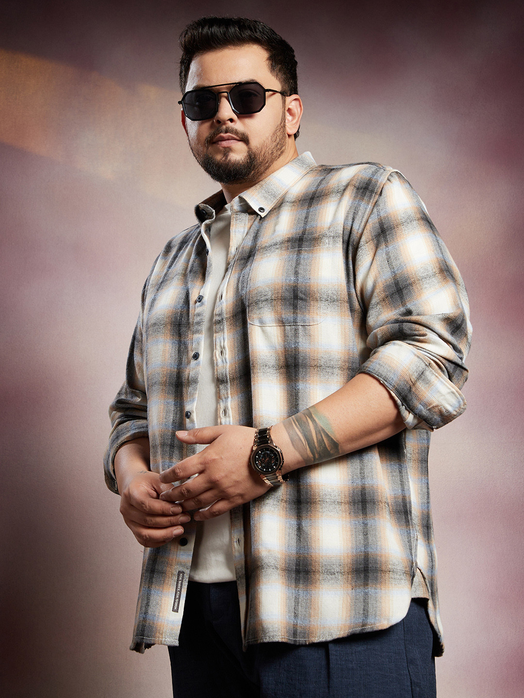 Instafab Plus Windowpane Checks Comfort Spread Collar Cotton Shirt