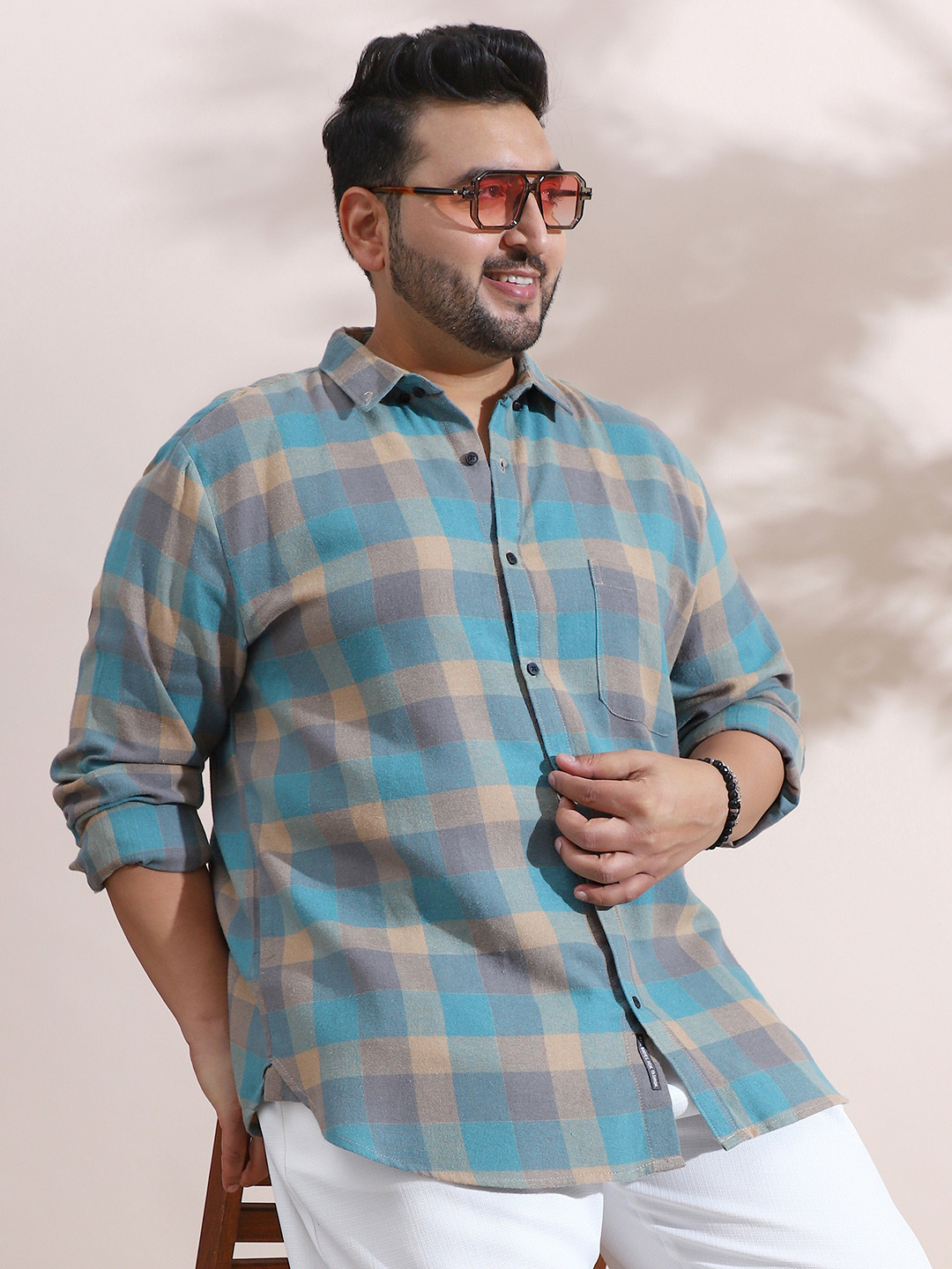 Instafab Plus Windowpane Checks Comfort Spread Collar Cotton Shirt