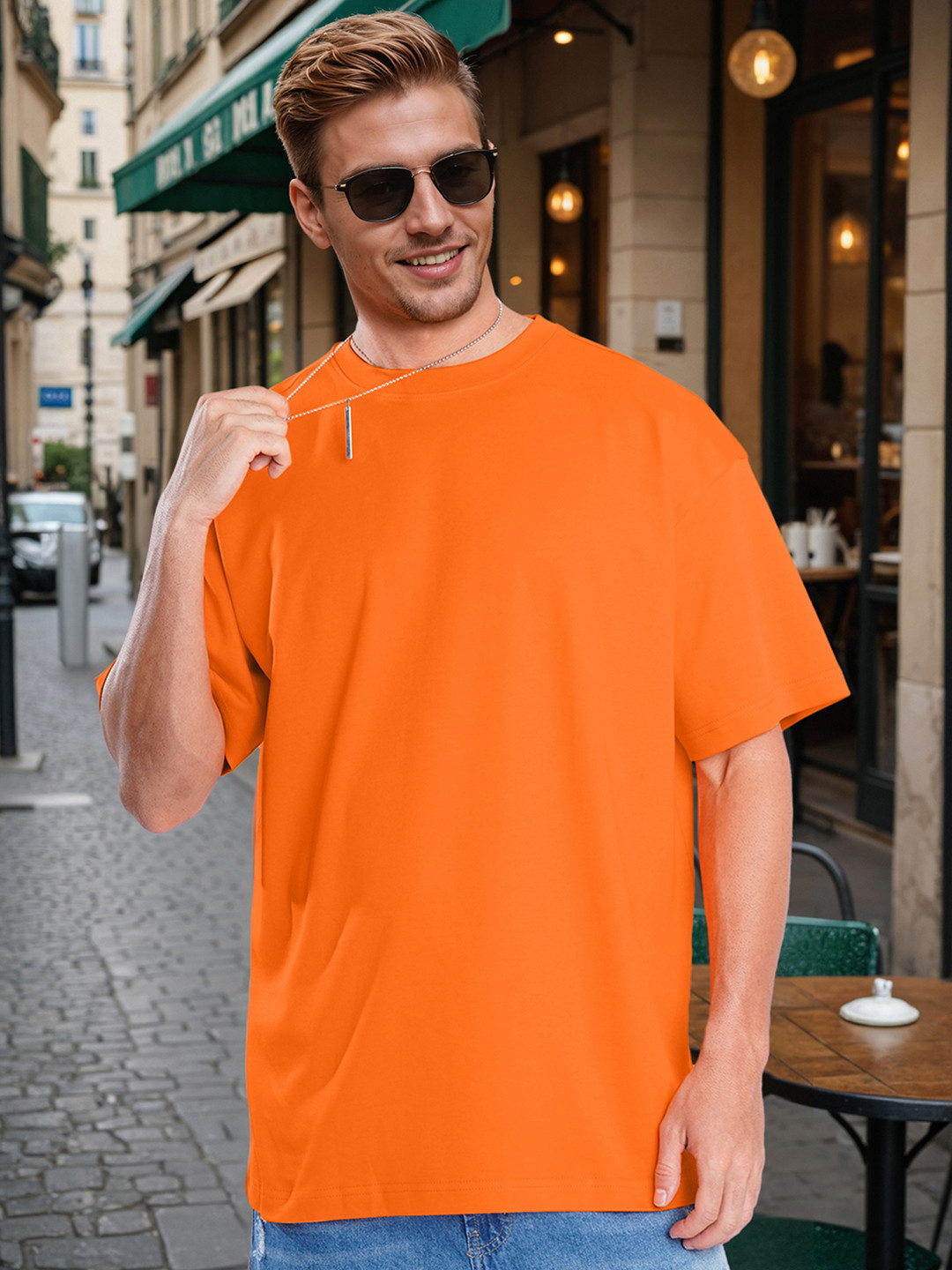 Bene Kleed Men Orange Drop Shoulder Oversize Cotton Drop-Shoulder Sleeves Oversized Fit T-shirt