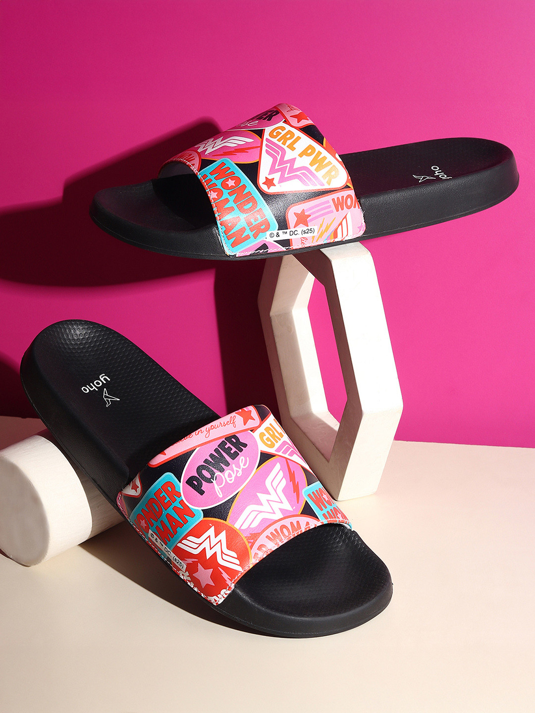 Yoho Wonder Women 002 Black & Pink Printed Sliders