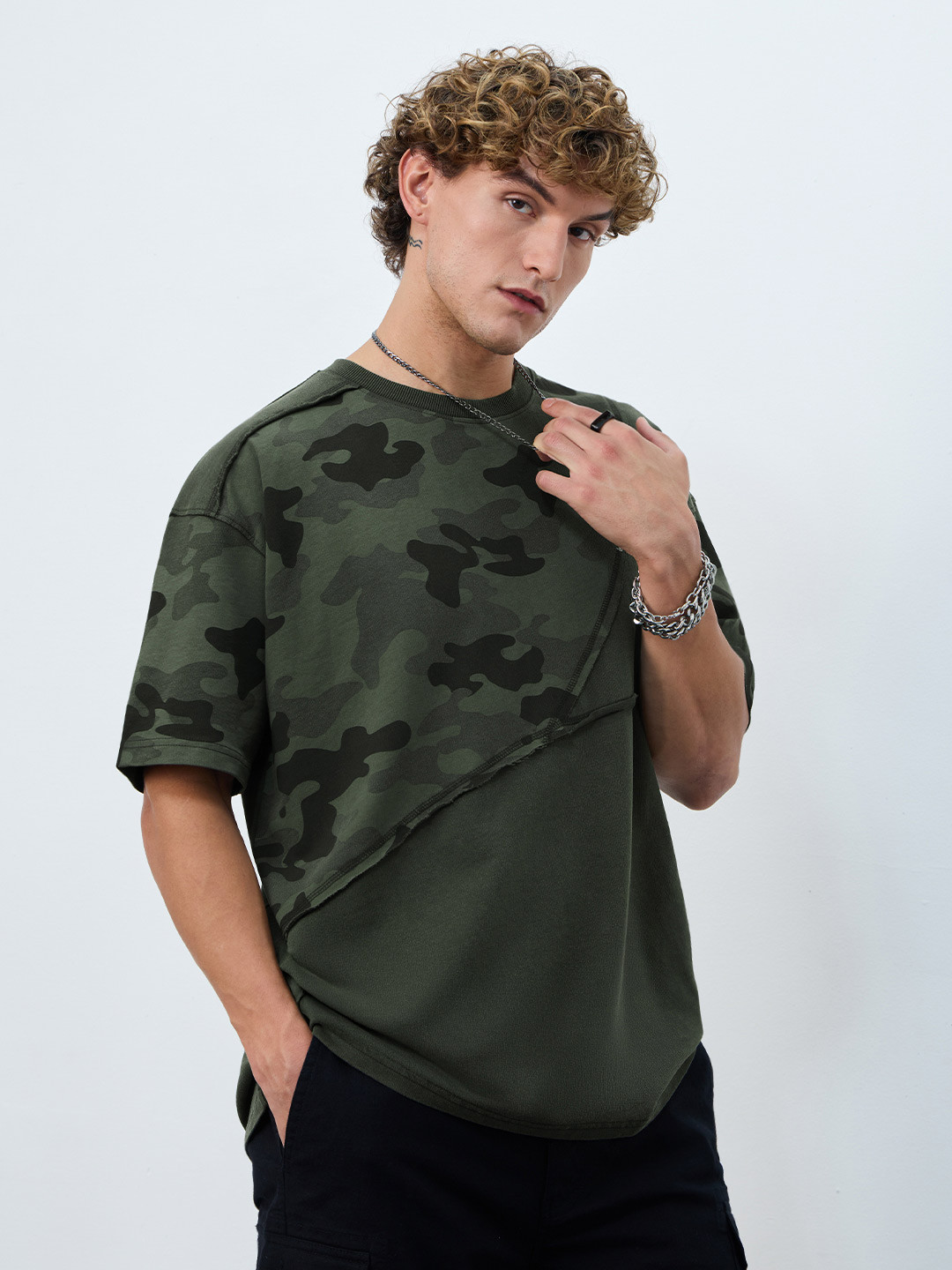 The Souled Store Men Camouflage Forest Camo Printed Pure Cotton Oversized T-shirt
