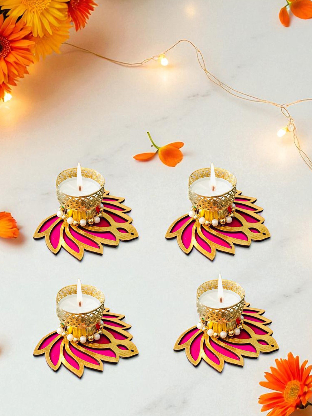 GADINFASHION Pink & Gold-Toned 4 Pieces Candle Holder