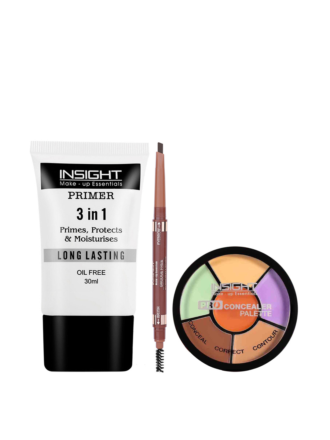 Insight Cosmetics Pro Concealer Palette + Eyebrow Pencil + 3 In 1 Oil Free Primer Combo